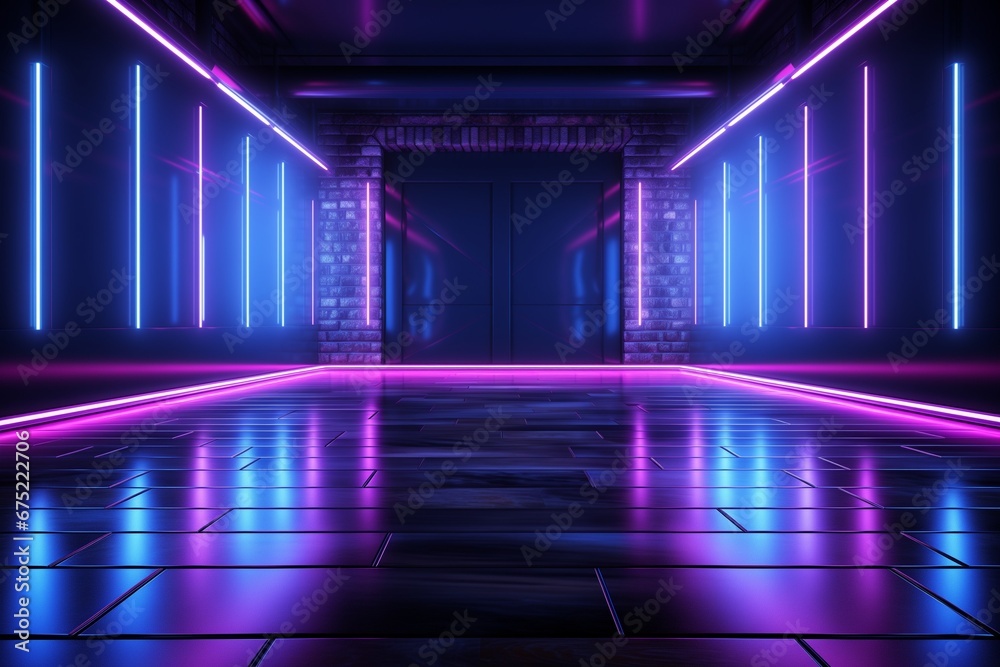 neon room platform playground hall with lighting, photo room, neon stage, neon walls light flash brightness floor basement garage, neon place