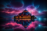 Fantastic glowing mosque, Neon background. Reflection in the water. Magical landscape. AI
