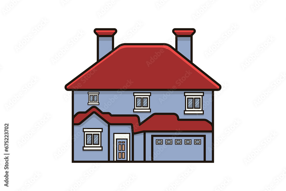 House Building Sticker vector illustration. Building and landmark object icon concept. Beautiful minimalist home front view with roof sticker design logo with shadow.