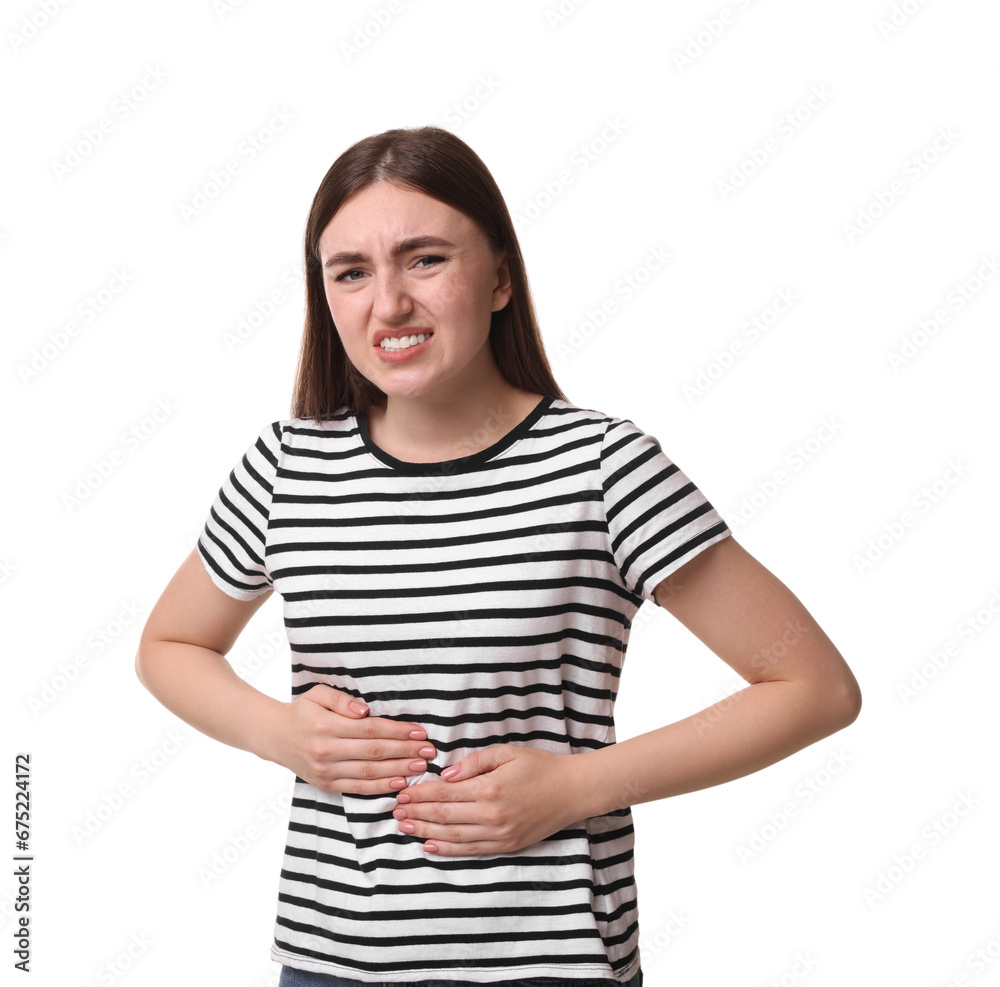 Young woman suffering from stomach pain on white background Young woman suffering from stomach pain on white background