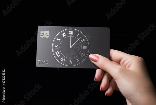 Spending time concept. Female hand is holding bank card with an image of clock face against black backdrop