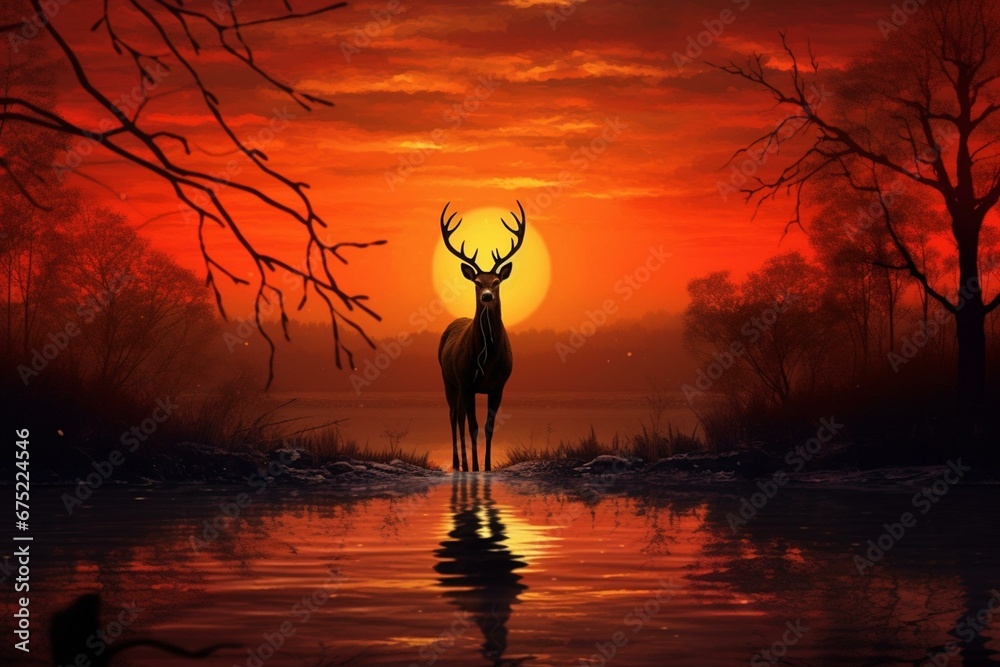 A deer standing against a gorgeous sunset. Generative AI