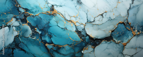 Turquoise blue marble background with thin gold lines and drops