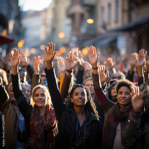 Crowd of people raising their hands during protest