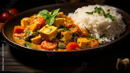 Coconut and tomato curry with vegetables and tofu