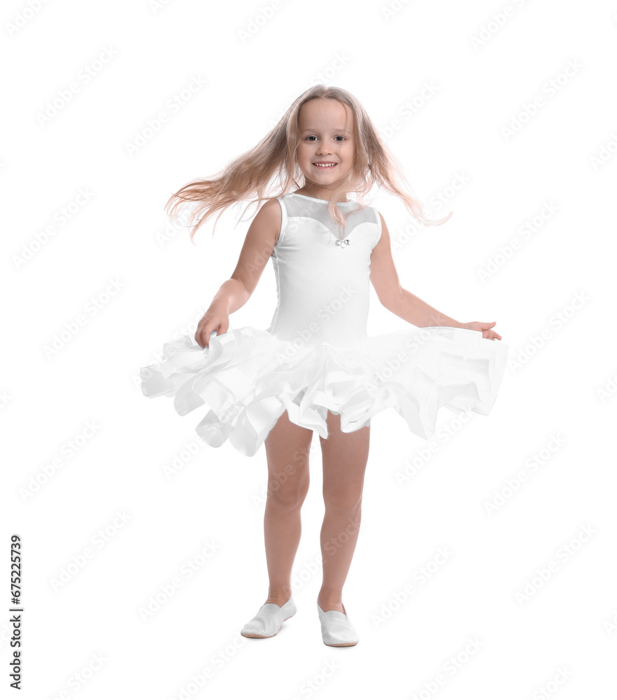 Cute little girl in beautiful dress dancing on white background Cute little girl in beautiful dress dancing on white background