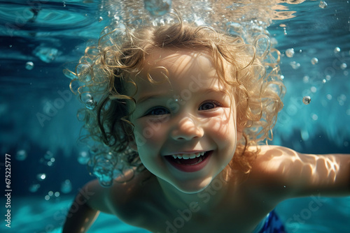 Happy kid swimming underwater and having fun,swimming in the pool of a child, a child with a smile swims under water, generative ai © retbool