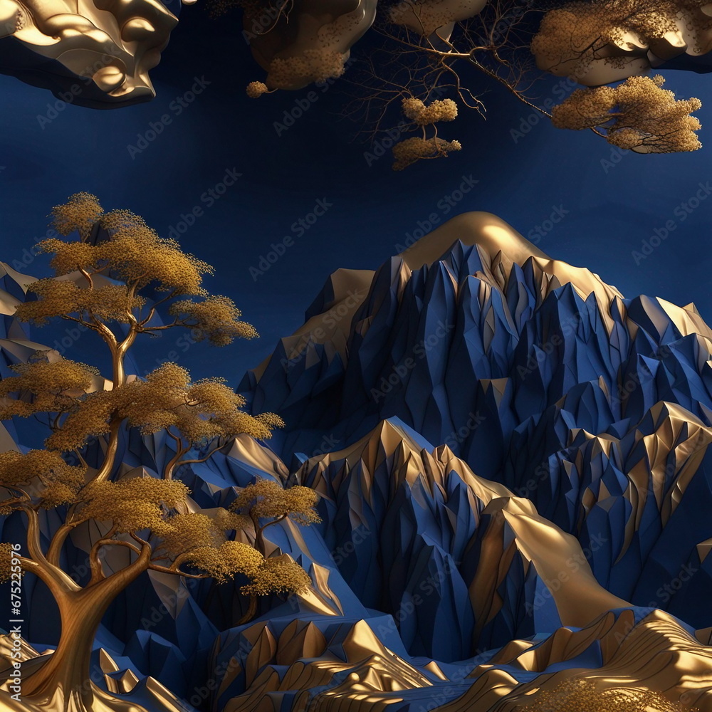 3d modern art with dark blue blue background. golden tree and mountains , golden moon. dark landscape background and clouds and colorful mountains, Generative AI