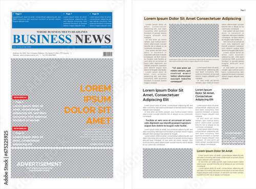 Business news tabloid newspaper. Editorial layout design. Tabloid size.