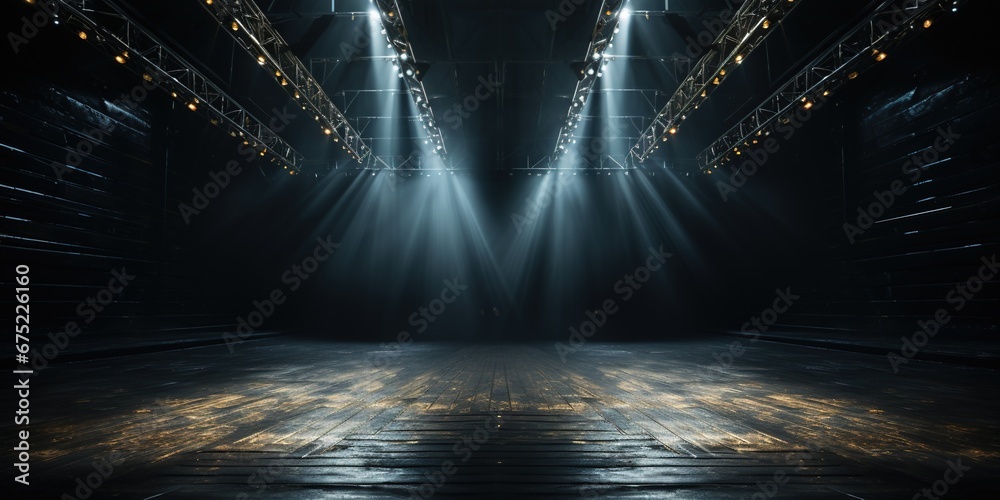 Stage on the dark floor with lights on the perimeter - obrazy, fototapety, plakaty 