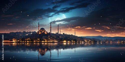 Stampa su tela Suleymaniye Mosque with a crescent above it. Night sky.