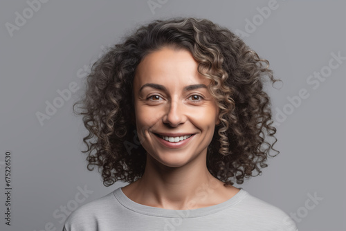 Beautiful smiling adult woman with smooth healthy face skin studio portrait. Happy mature woman over gray background. Beauty and cosmetics skincare advertising concept. Generative AI