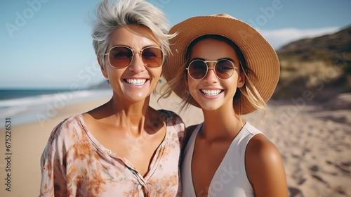 Family portrait of mother and adult daughter at the tropical beach on summer day