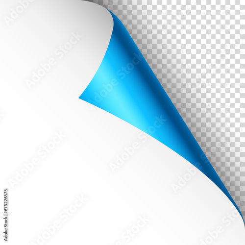 Blue paper curl. Curled page corner with shadow. Blank sheet of paper. Colorful shiny foil. Design element for advertising and promotion. Vector illustration.