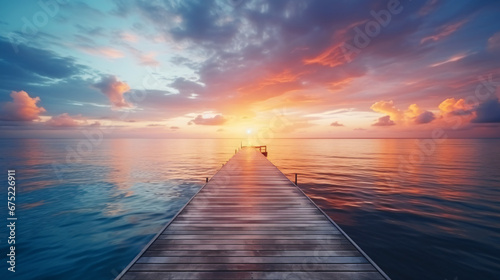 Perspective view of a wooden pier on the sea.