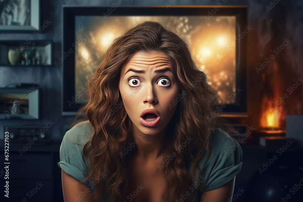 Frightened woman with wide open eyes in front of the TV. Terrible news, panic, war, fire, disaster on the screen. - obrazy, fototapety, plakaty 