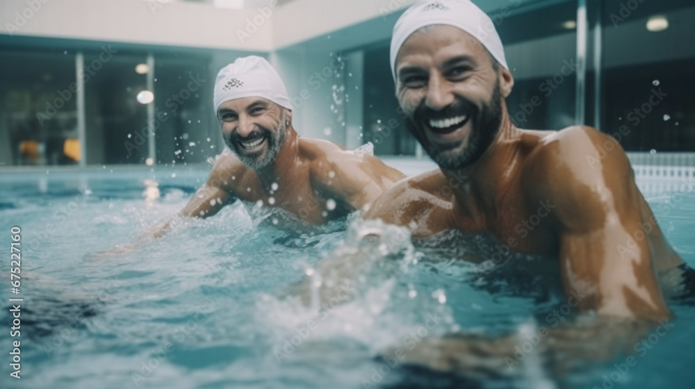 group athletic men doing aquafitness training in the pool