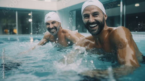 group athletic men doing aquafitness training in the pool © Евгения Дудич
