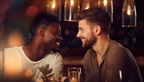 Two gay men sitting in restaurant, valentine's day concept © yurakrasil