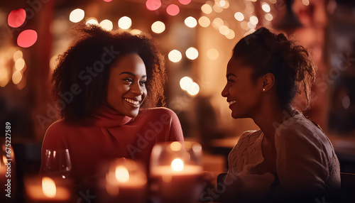 Two lesbians sitting in restaurant, valentine's day concept