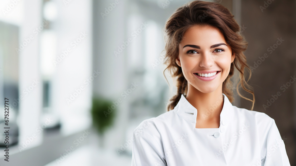 Beautiful female healthcare worker. Doctor or nurse in white coat. Medical concept. Generative AI Beautiful female healthcare worker. Doctor or nurse in white coat. Medical concept. Generative AI