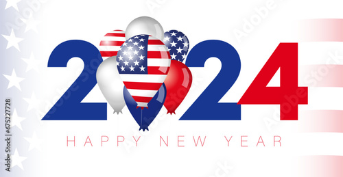 Happy New Year USA social media greetings. Voting 2024, election day symbol, creative idea. United States holiday banner design. US flag balloons. Background template. Invitation concept.