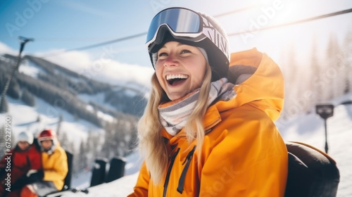 woman snowboarder, skier in the mountains, winter snowy slope, sport, active recreation, lifestyle, people, skiing, snowboarding, athlete, portrait, warm clothes, vacation, travel, nature photo