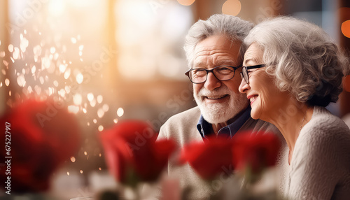 Old couple in love sitting in restaurant, valentine's day concept photo