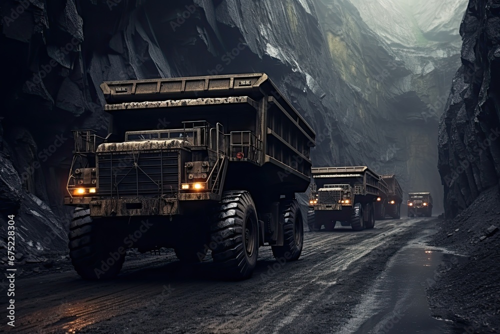 Industrial coal mine or quarry. Large quarry trucks carry the rock for beneficiation and processing. Huge mining trucks work the night shift.
