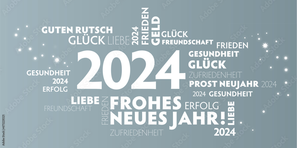 Fototapeta premium Neujahrsgrüße 2024 - weiße Schrift auf silbernem Hintergrund und Jahreszahl - deutsch