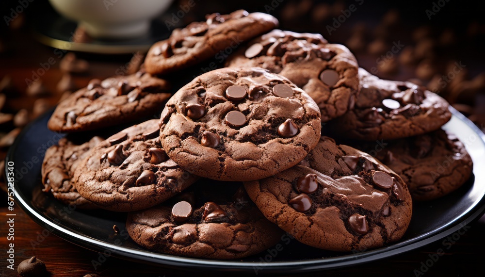 Delicious chocolate chip cookies with generous chocolate chips, arranged enticingly on a plate Delicious chocolate chip cookies with generous chocolate chips, arranged enticingly on a plate