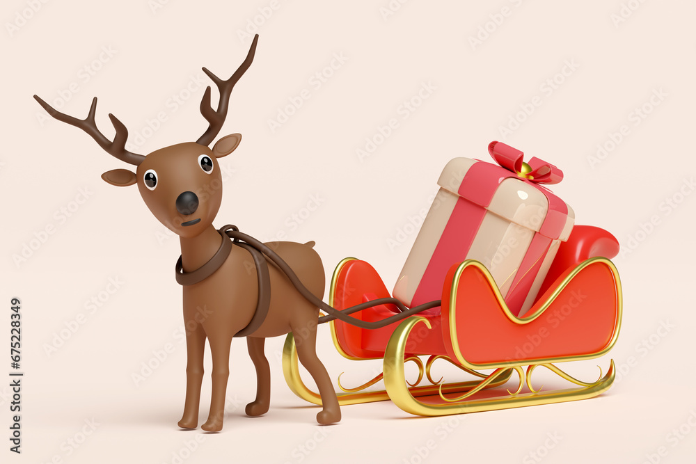 Fototapeta premium 3d reindeer with sleigh, gift box. merry christmas and happy new year, 3d render illustration