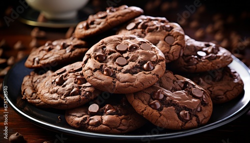 Delicious chocolate chip cookies with generous chocolate chips, arranged enticingly on a plate