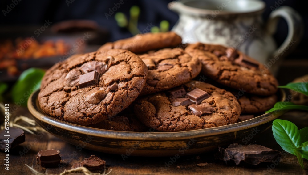 Irresistible chocolate chip cookies with abundant chocolate chips, artfully arranged on a plate Irresistible chocolate chip cookies with abundant chocolate chips, artfully arranged on a plate