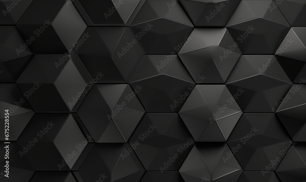 Abstract geometric seamless pattern in gray and black with golden decor. Hexagon tiles with relief materials. 3D render, Generative AI - obrazy, fototapety, plakaty 