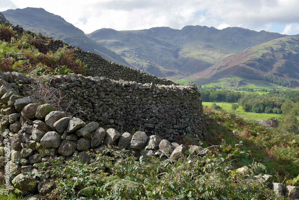 A view up the valley of Great Langdale to the Langdale Pikes in the Lake District