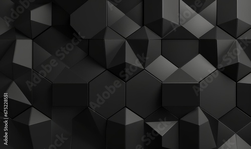 Abstract geometric seamless pattern in gray and black with golden decor. Hexagon tiles with relief materials. 3D render, Generative AI
