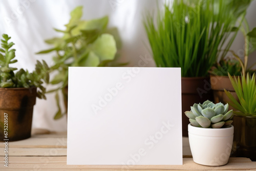 mockup of a card, invitation or announcement on a table surrounded by plants in flowerpots, succulents