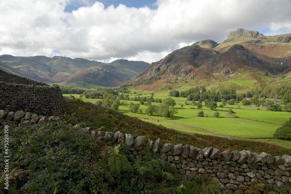 A view up the valley of Great Langdale to the Langdale Pikes in the Lake District