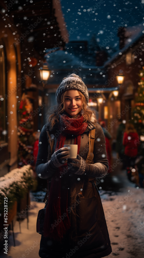 a happy young woman taking a hot cup of a drink in an snowy night