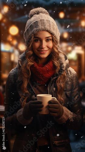 a happy woman taking a cup of a hot drink ina cold night  © delarue