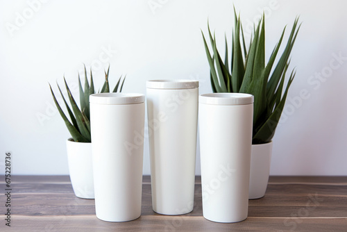 mockup of three white cylindrical containers with lids on a table with succulents as a template for design