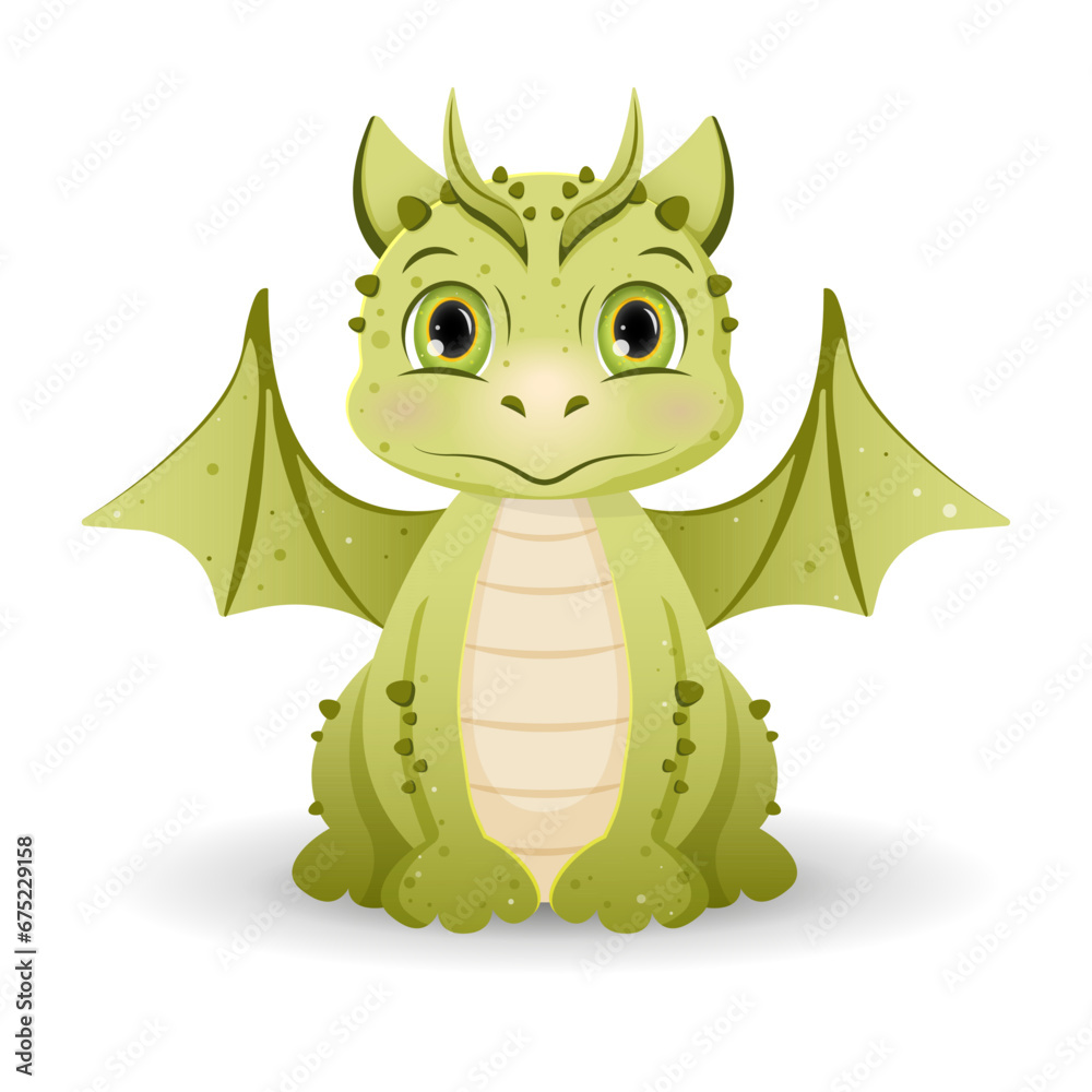 Obraz premium Cute green dragon with wings and big ears. Lovely little dragon mascot for 2024 new year. Vector cartoon character