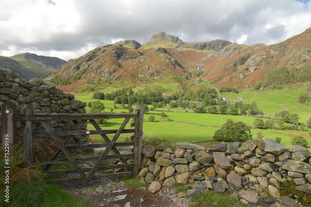 A view up the valley of Great Langdale to the Langdale Pikes in the Lake District