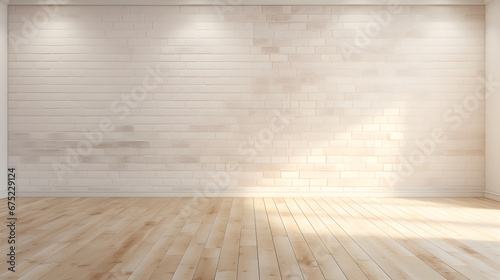 white brick wall and wooden floor with ceiling lighting