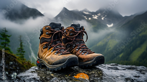 Comfortable hiking boots stand on a rock against background