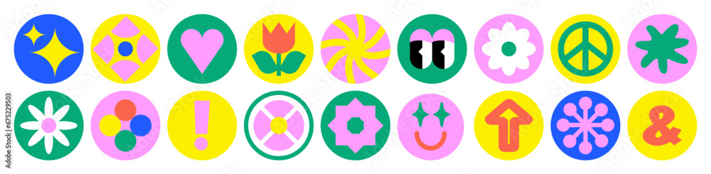 90 Cool Brutalism Stickers. Naive playful abstract shapes in a Circle. Cartoon Eyes, Arrow, Daisy, Stars, Geometric Figure. Doodle Vector Illustration for T-Shirts. Vector illustration 90 Cool Brutalism Stickers. Naive playful abstract shapes in a Circle. Cartoon Eyes, Arrow, Daisy, Stars, Geometric Figure. Doodle Vector Illustration for T-Shirts. Vector illustration