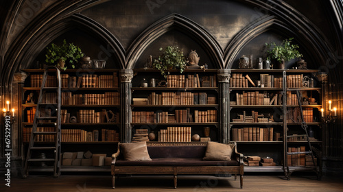 Front view of a bookshelf with books in the interior of a gothic home