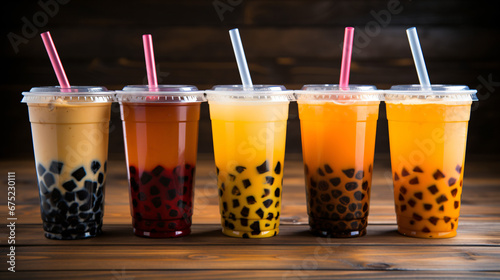 Plastic cups of different tasty bubble tea