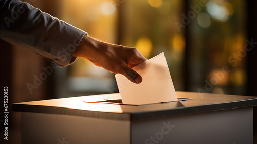 Hand of a man voting at a ballot box during elections photo